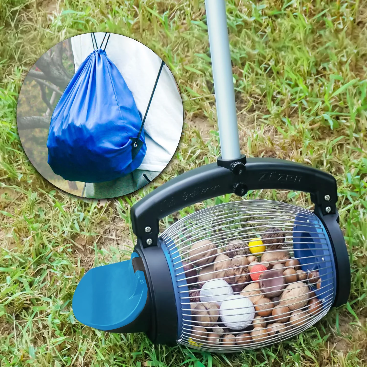 Garden Hand Tools Stainless Steel Nut Picker Upper Roller Collector With Telescopic Rod Black Blue
