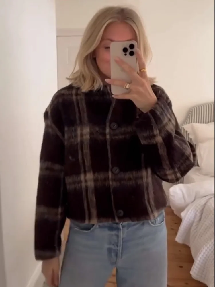 HH Women Loose Turn-down Collar Long Sleeves Single-breasted Plaid Wool Coats Autumn Woman Fashion Pockets Street Short Jacket