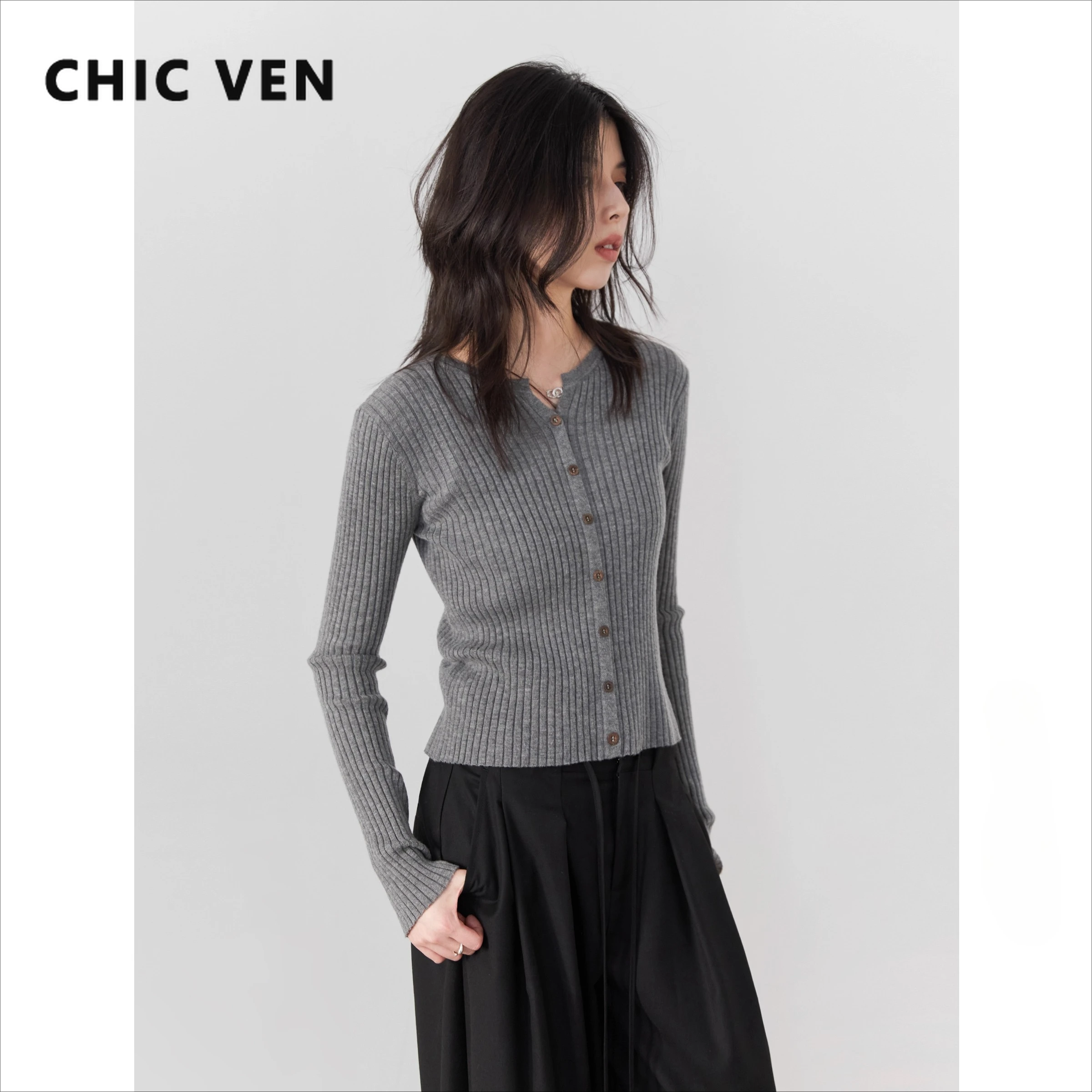 CHIC VEN 패션 여성 가디건 솔리드 슬림 뉴 브이넥 핏 스트라이프 니트 스웨터 콘트라스트 언더셔츠 봄 가을 2025