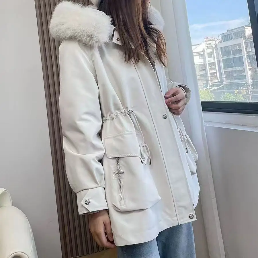 New style parka women\'s fox fur collar genuine fur removable rabbit fur lining fur jacket light luxury warm four-leaf clover