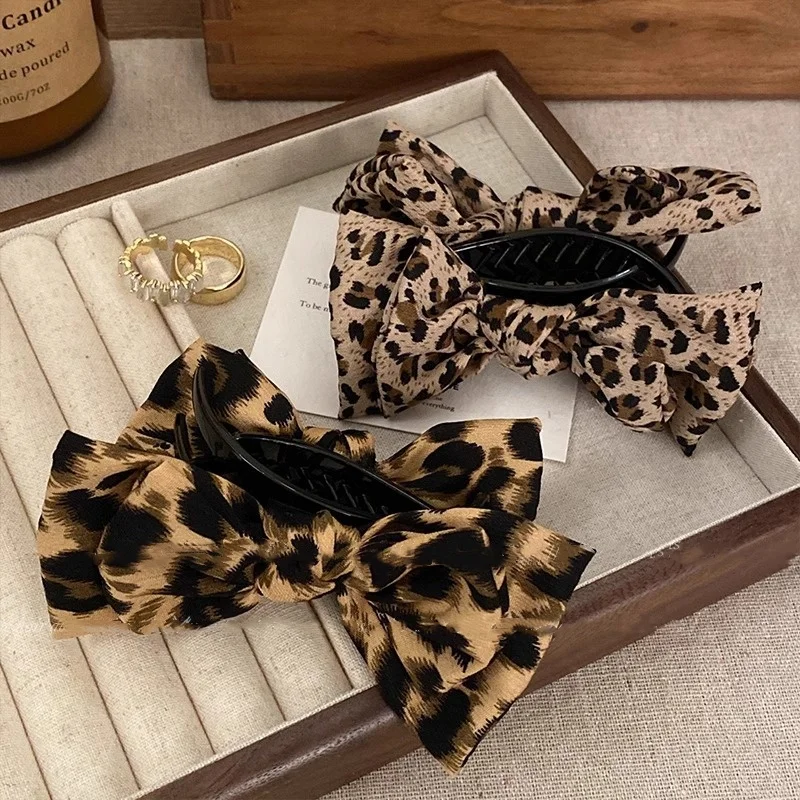 1PC Leopard Bow Marble Head Grab Clip Advanced Sense Net Red New Temperament Fashion Plate Fixed High Ponytail Hair Clip image 3