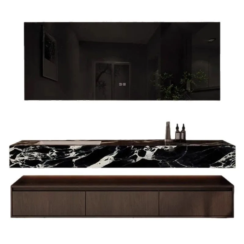 Factory Direct 2026 Top Rated Hotel wind solid wood bathroom cabinet rock slab ceramic seamless integrated basin toilet wash