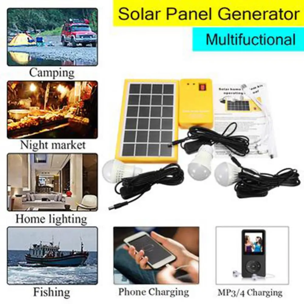 Portable Solar Panel Outdoor Electric Generator 3 LED Bulb Power System Kit