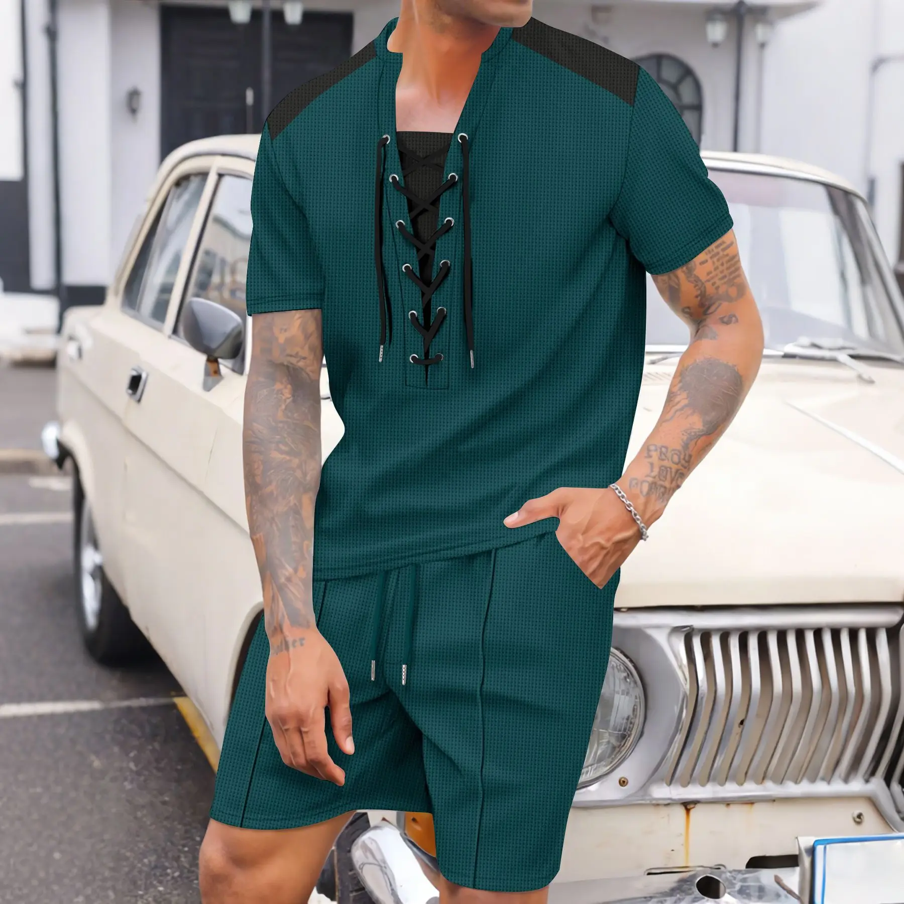 2025 new men's summer trend casual loose comfortable fashion wear rope round neck solid color short-sleeved shorts two-piece set