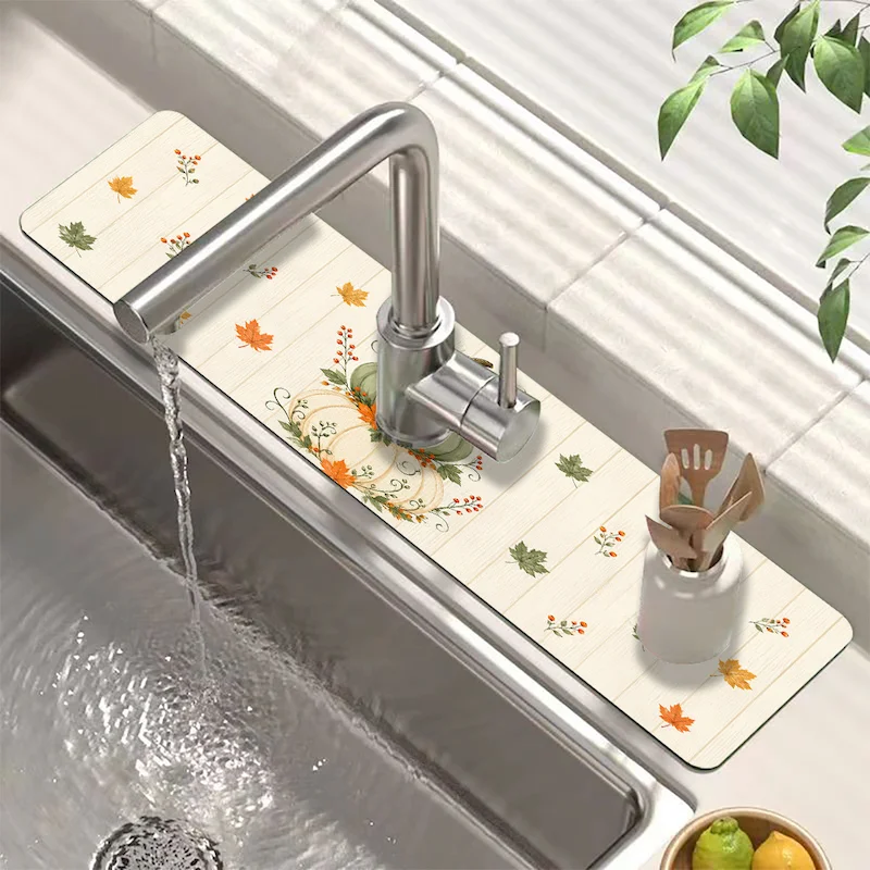 VIKAMA Halloween Cute Pumpkin Printed Faucet Mat Holiday Atmosphere Mat Kitchen Absorbent Non Slip Mat Home Decoration