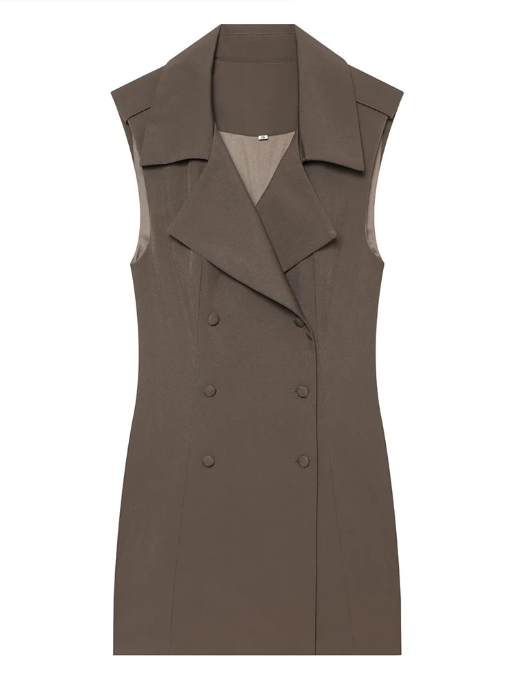 HH Elegant Taupe Suit Vest Dress for Women Spring Fall Structured Blazer Dress with Double Button Modern Business Casual