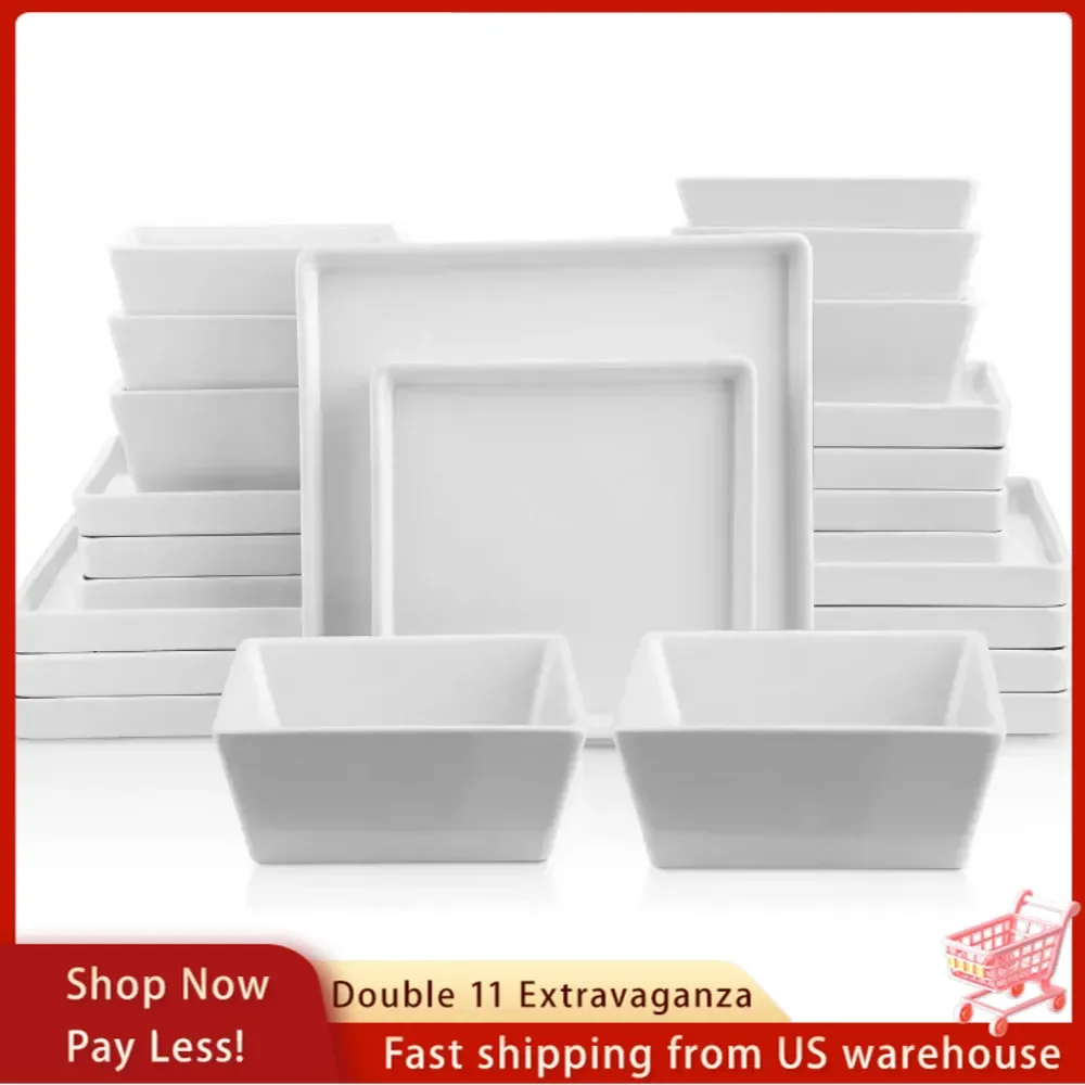 24 Pieces Stoneware Square Dinnerware Set, Black Matte