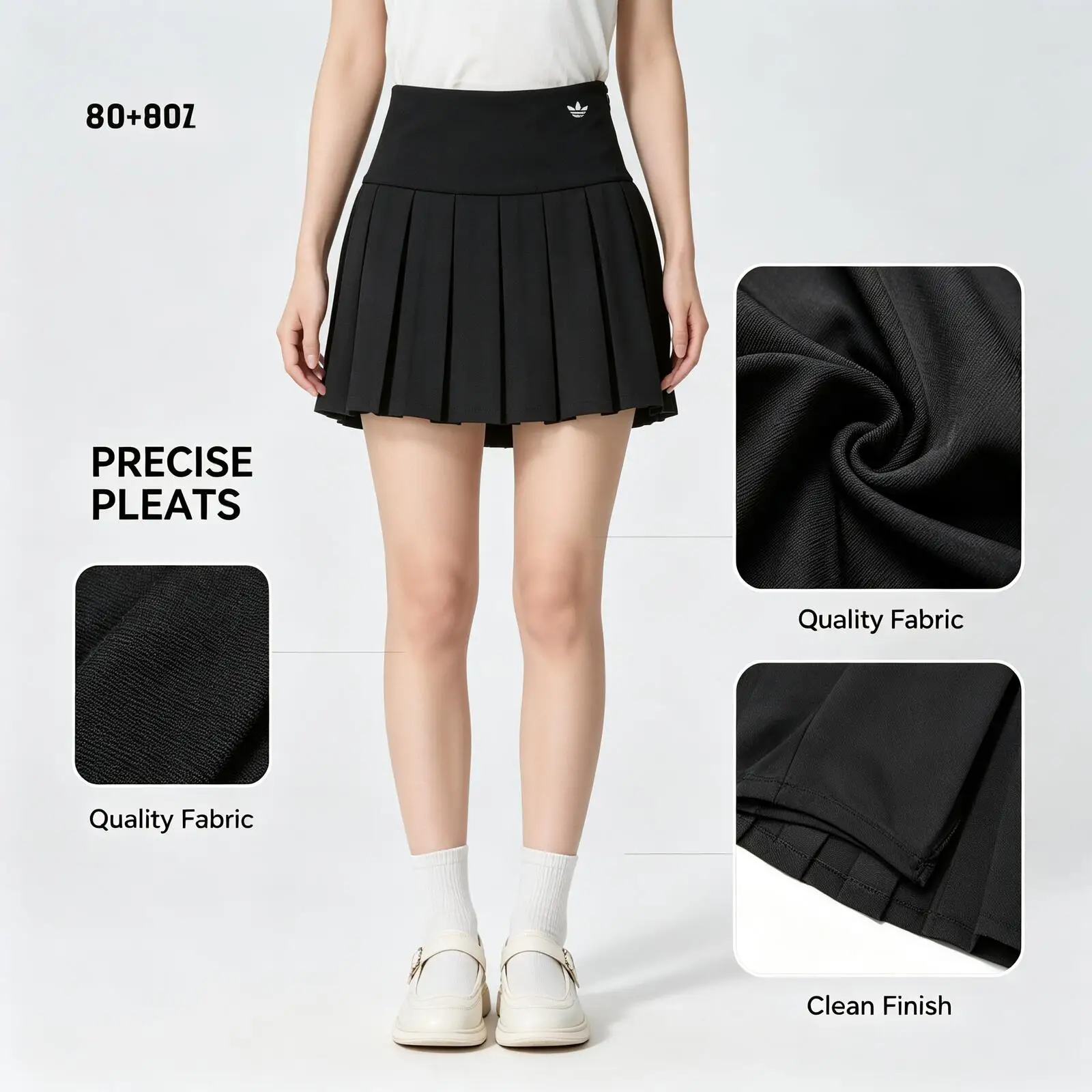 2026 Hot Adidas Women Black High Waist Pleated Skirt Women A-Line Casual Mini Skirt Elegant Daily Wear