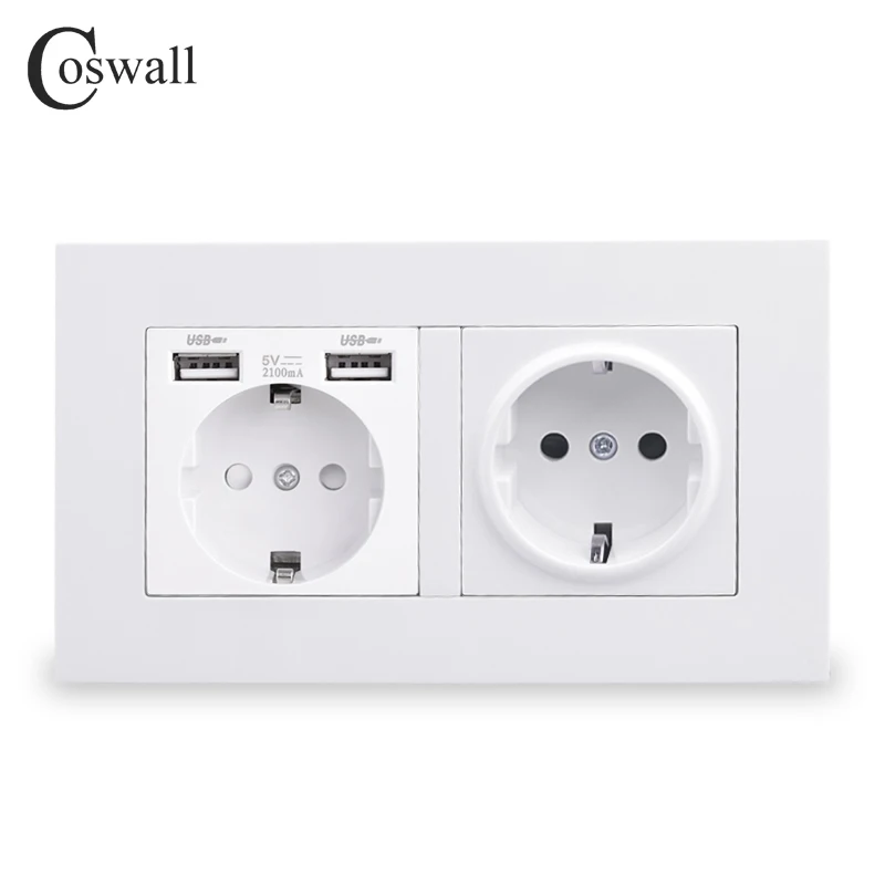 COSWALL 2 Gang Russia Spain EU Standard Wall Socket With 2 USB Charge Port Hidden Soft LED Indicator PC Panel Black White Grey