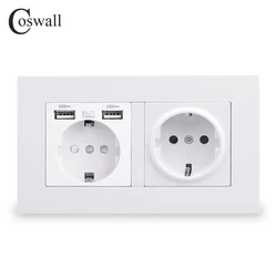 COSWALL 2 Gang Russia Spain EU Standard Wall Socket With 2 USB Charge Port Hidden Soft LED Indicator PC Panel Black White Grey