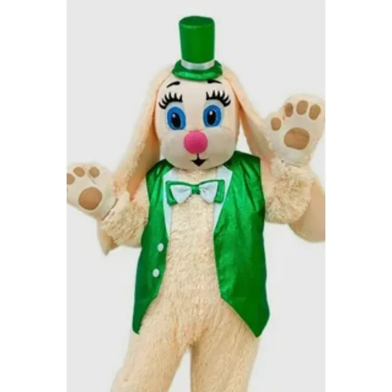 

Cute Bunny Green Hat Beige Rabbit Adult Size Plush Animal Cartoon Mascot Costume Halloween Christmas