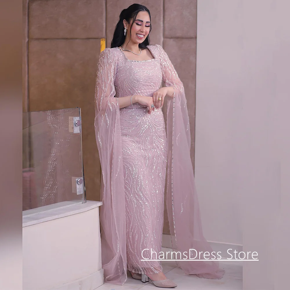 

Sparkling Evening Dress Customized Square Neck Long Sleeves Sequined Tulle Ankle Length Saudi Prom Gown Party Dresses