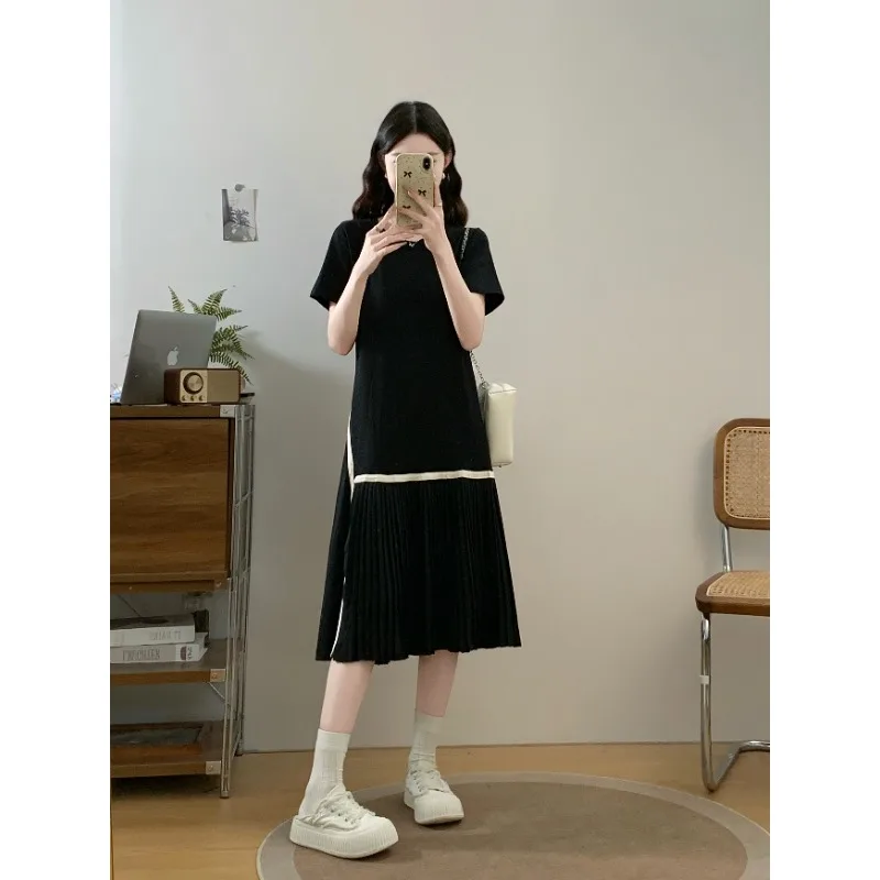 SuperAen Pleated Splicing Dress Medium and Long Oversize T-shirt Dress Women's Summer Long Dress