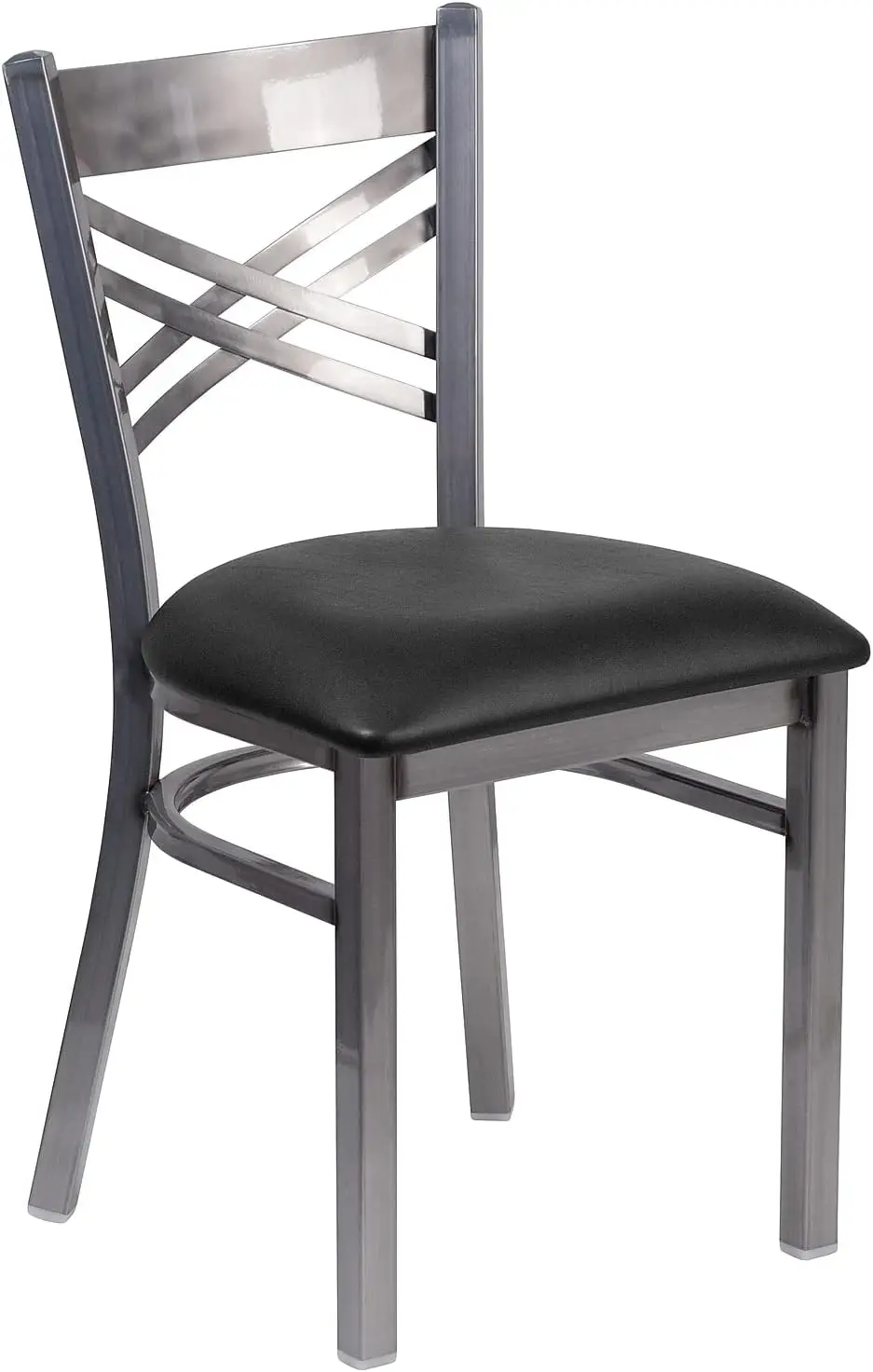 Series Clear Coated ''X'' Back Metal Restaurant Chair - Black Vinyl Seat