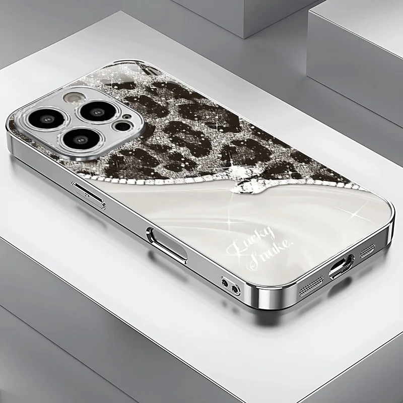 

Leopard Snake Pattern Tempered Glass Electroplated Phone Case For iPhone 17 16 15 Pro Max 14 Plus 13 12 11 Pro 16E 17 Air Cover