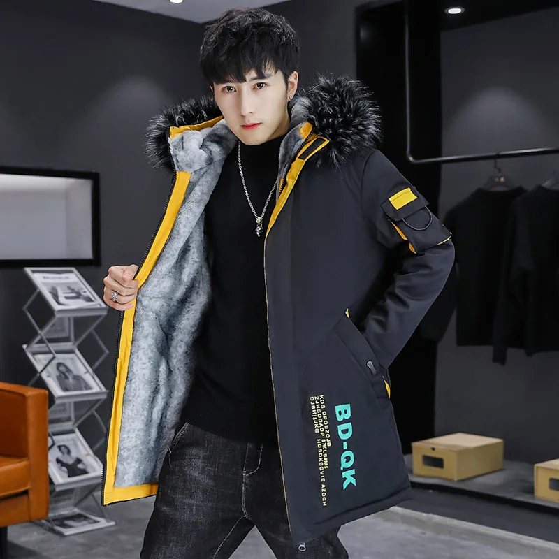 2024 Autumn Winter Men\'s Thicken Plush Windbreaker Parkas Streetwear Mid-Length Warm Fleece Jackets Detachable Fur Collar Coats