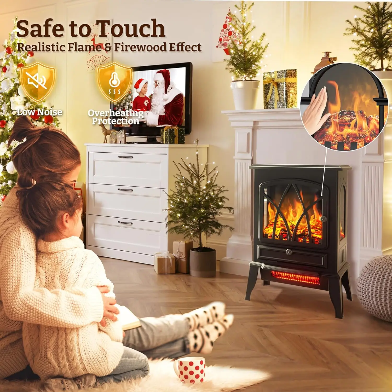 Electric Fireplace Stove 1500W/5100BTU Freestanding Space Heater with 3D Realistic Flame, Overheat Protection, Portable