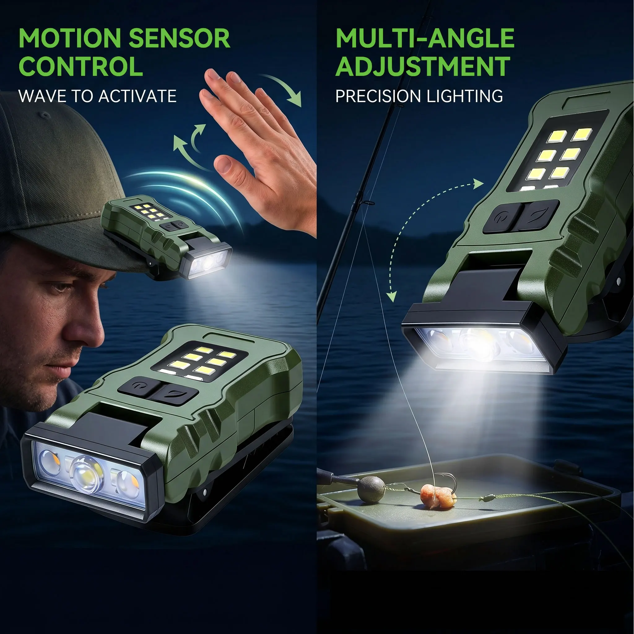 Hands-Free Hat Clip Lamp Wave Induction Headlamp Switch 9 Modes Rechargeable Headlight Fishing Work Light Portable Flashlight