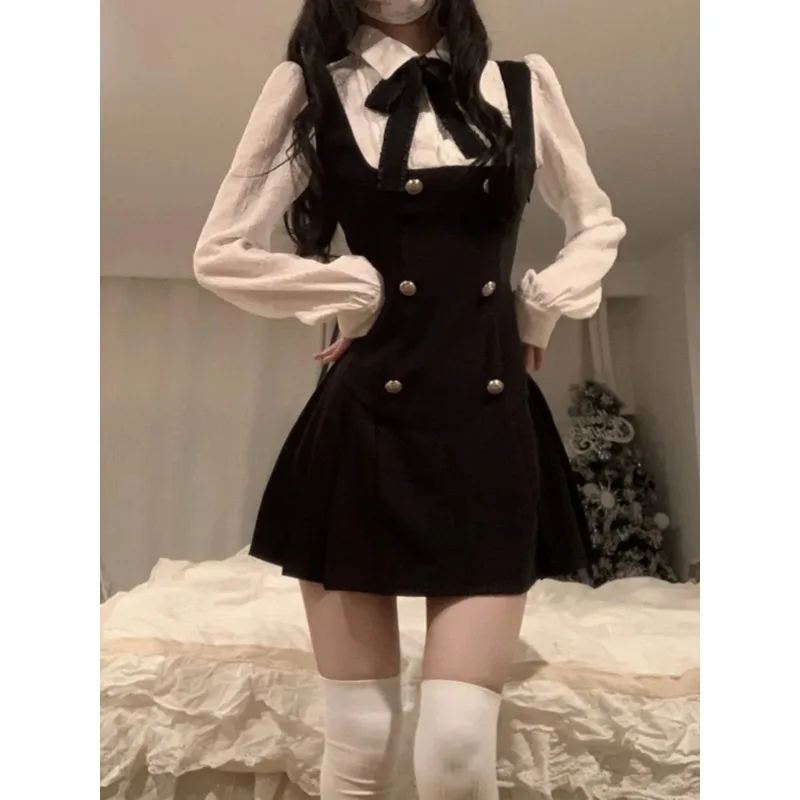 Fujia Qianjin Sle Long sleeve dress Women Early Autumn Small False Two-Piece Suit Shirts Suspender Skirt Sweet Gyaru Skirts