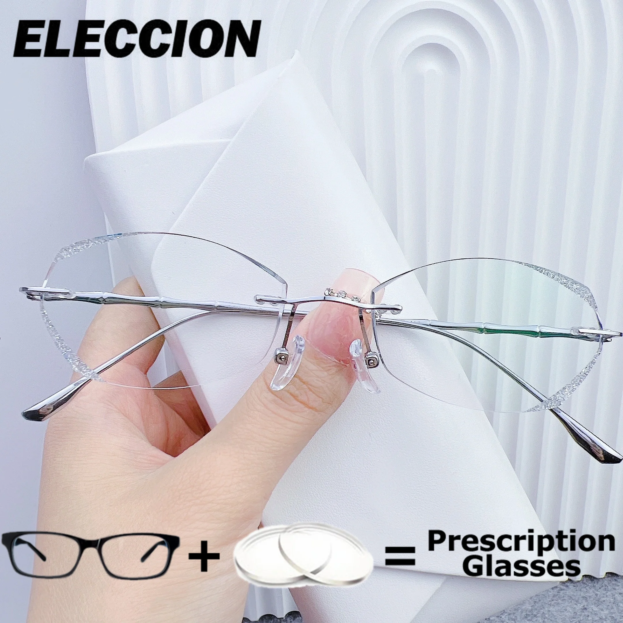 

ELECCION Rimless Prescription Glasses Reading Glasses Women Presbyopic Eyewear Phone Blue Light Blocking Anti Fatigue Eyeglasses