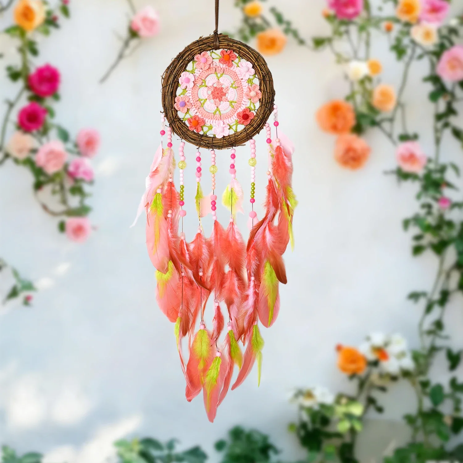 Bohemian Wreath Dream Catcher Crochet Flower Feather Wall Hanging Handmade Wind Chimes for Home Bedroom Wedding Decor Gifts