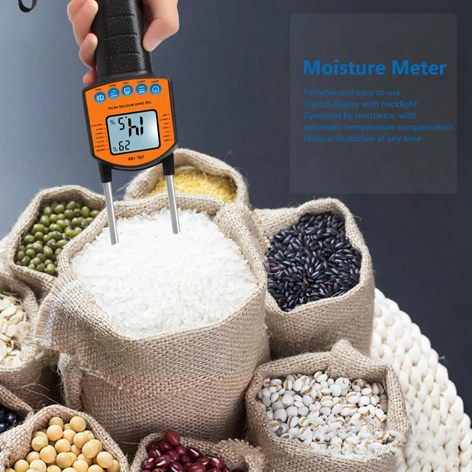 JGL 188 Digital Moisture Meter for Rice Barley Corn Soybeans and 14 Crop Profiles with Large Display and Voice Broadcast Feature