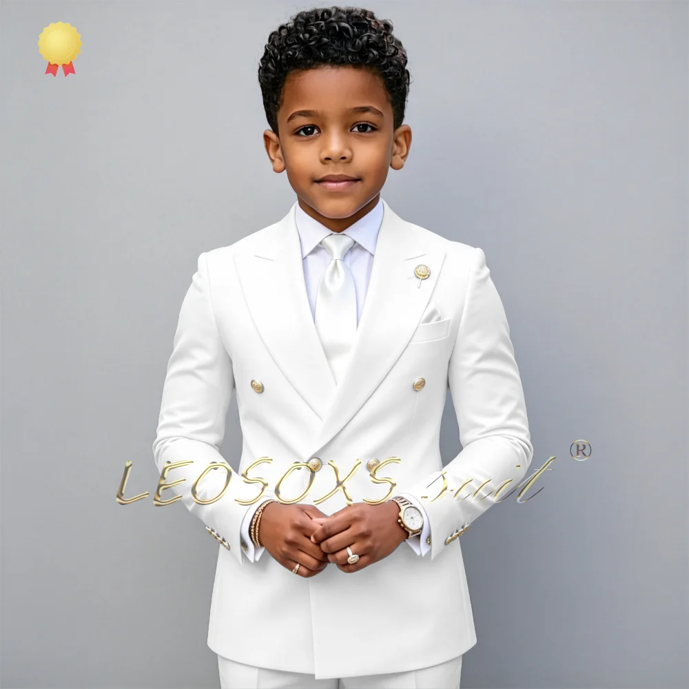 Boys White Suit 2-Piece Set Double-Breasted Jacket Trousers Gold Buttons Design Boys Wedding Guest Attire Prom