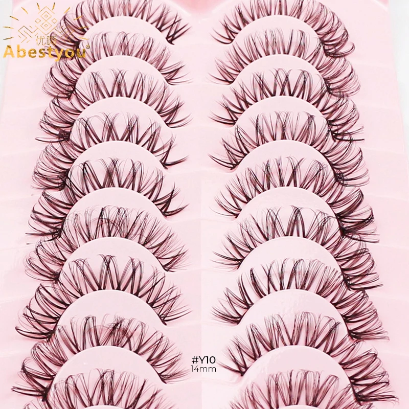 Abestyou14mm 9pairs 3d Russian Volume D Curl Fish Tail Shape Individual Cluster Full Strip Faux Mink Lashes Extension Lash Box