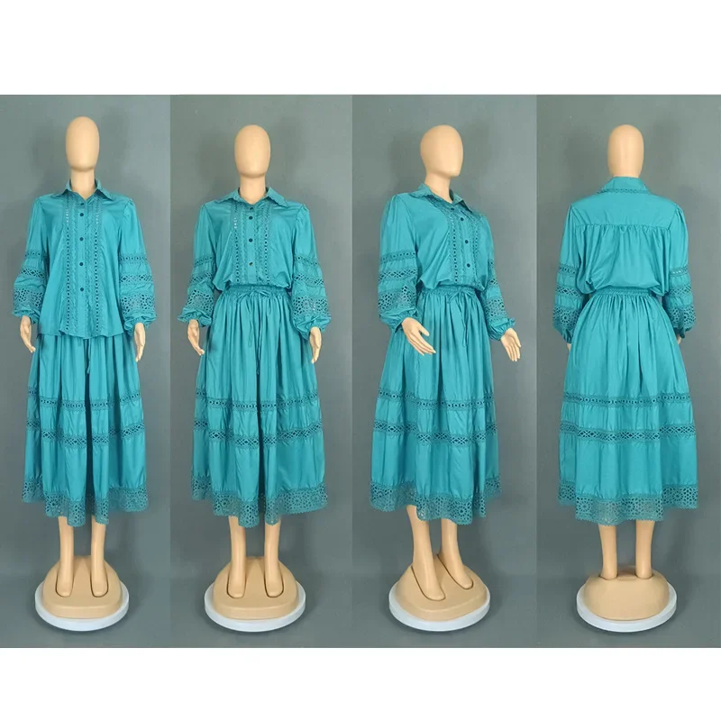 

2PCS Hollow Lace Skirt Set Woman Fashion Lantern Sleeve Shirt+High Waist A-Line Dress Elegant 2 Piece Outfits African Clothing