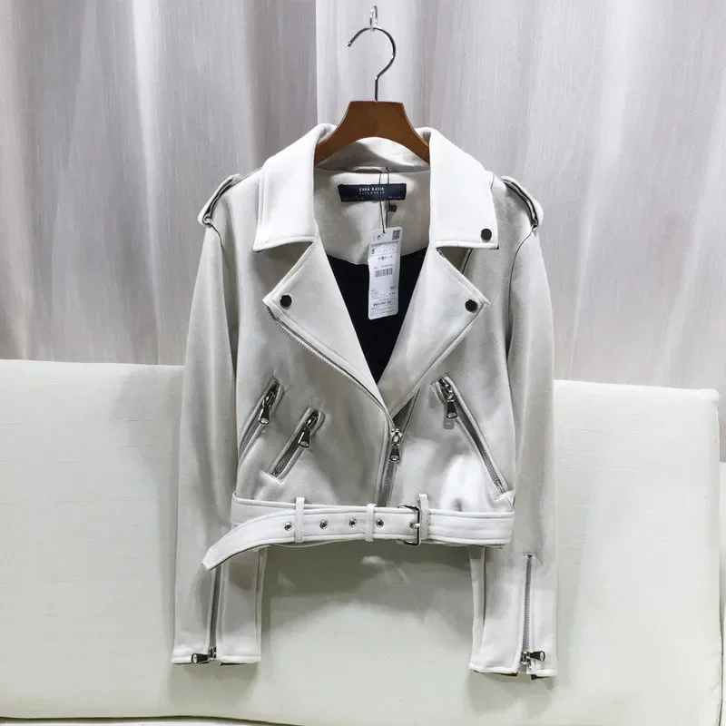 봄 가을 새로운 고품질 가짜 스웨이드 오토바이 거리 겉옷 벨트 여성 캐주얼 슬림 짧은 재킷 여성 캐주얼
