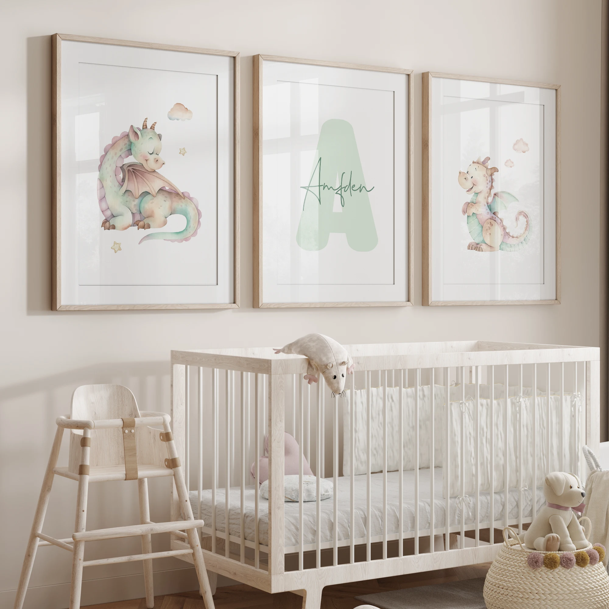 

3pcs Personalized Name Custom Cute Green Flying Dragon Baby Cloud Wall Art Print Picture Living Room Kids Room Home Decor
