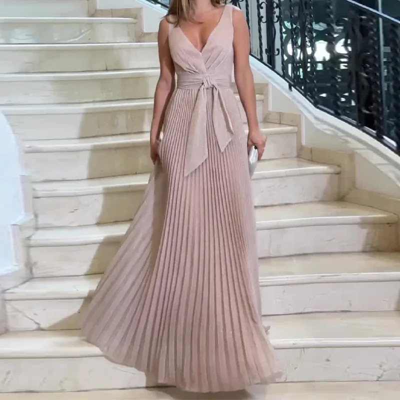 Sukienka na imprezę Wysoka talia Plisowane Solidne Spliced Sukienki Bez rękawów V Szyja Pullover Kobiety Vestidos Fałdy Luźny krój Długość podłogi