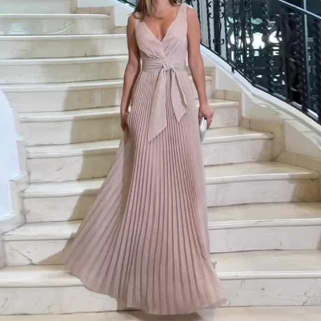 Sukienka na imprezę Wysoka talia Plisowane Solidne Spliced Sukienki Bez rękawów V Szyja Pullover Kobiety Vestidos Fałdy Luźny krój Długość podłogi
