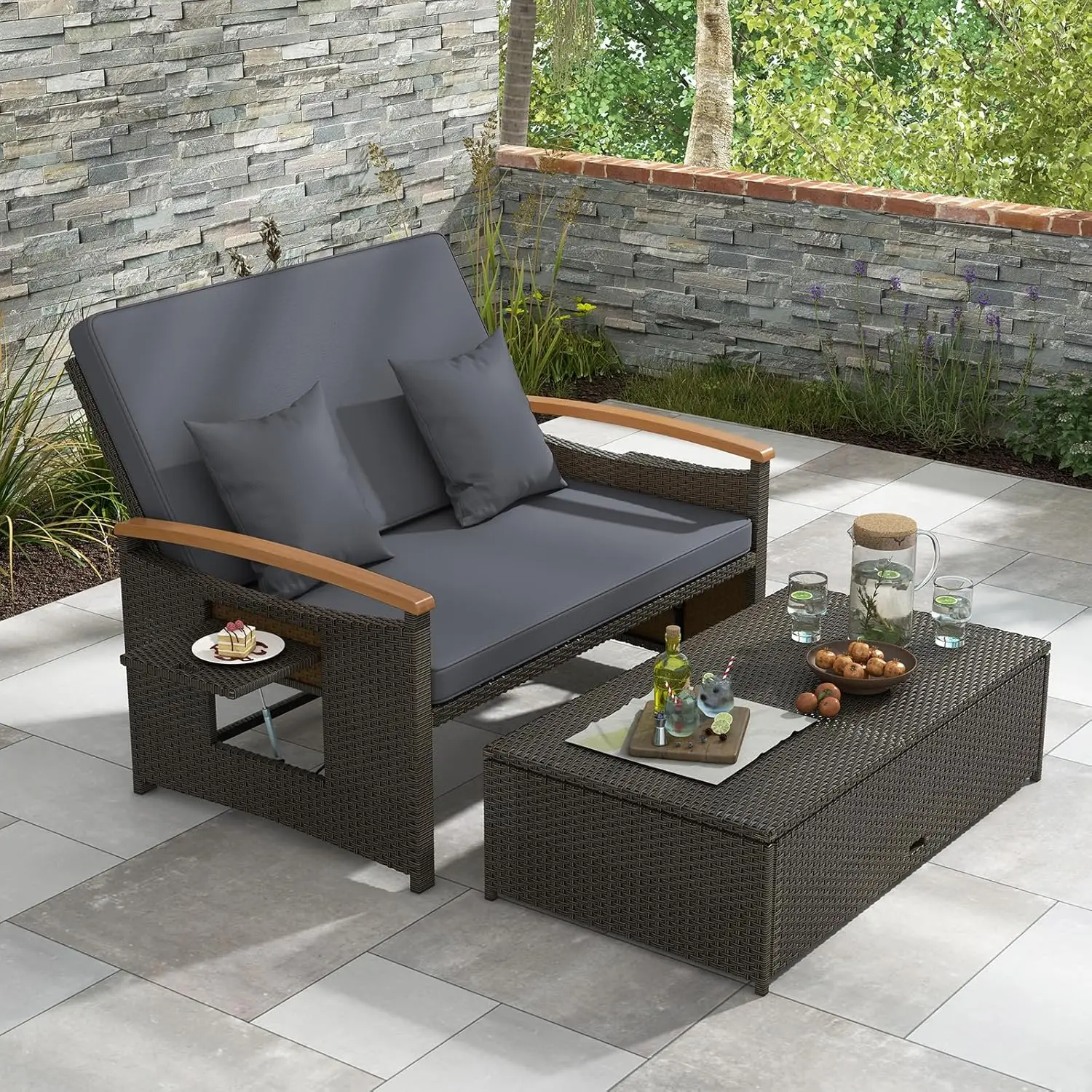 Outdoor Wicker Sofa Daybed, Rattan Loveseat with Folding Panels & Storage Ottoman, 4-Level Adjustable Backrest,