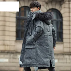 Winter Men Trend Thick Mid-Length Down Jacket Artificial Fur Collar Hooded Coat Young Man Fashion Parkas Warm Outwear