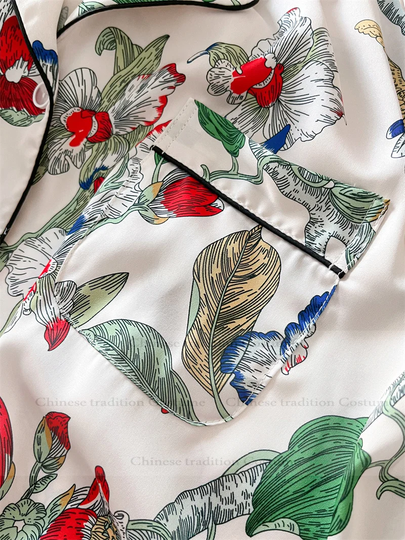 Short Sleeve Shirt Shorts Suit Women Ice Silk Sleepwear Print Flower Pajama Sets Summer Spring Pijama Mujer Luxury Pyjamas