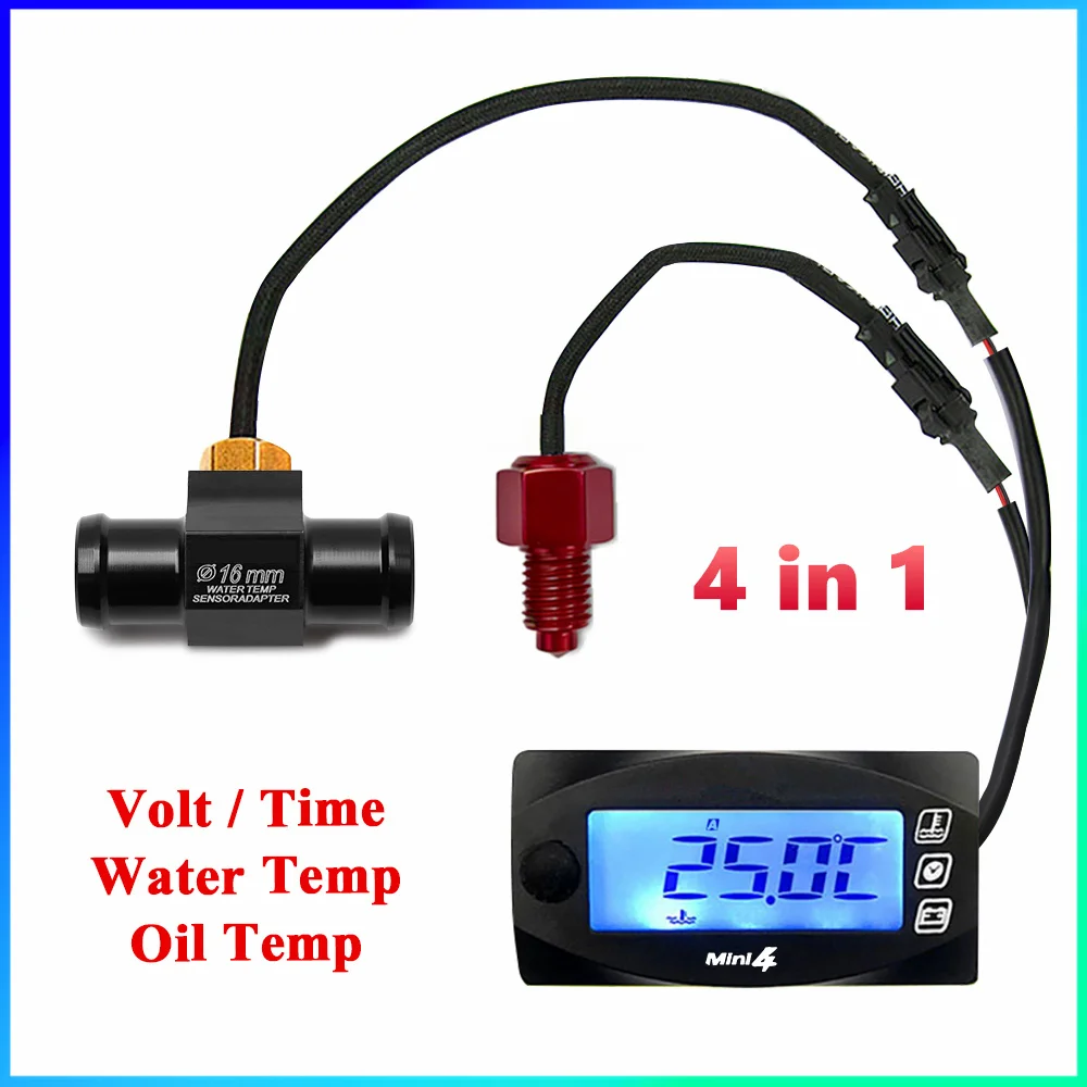 Mini manometro digitale quadrato 4 in 1 per moto, indicatore di temperatura acqua, temperatura olio, orologio e voltmetro, universale per NMAX125.