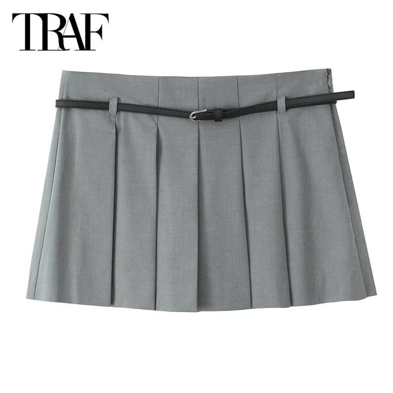 TRAF Mini Skirts 2024 Summer Women\'s Elegant Pleated Belt Skirt Shorts Ladies Fashion Casual  Grey Brown Short Skirt Pants