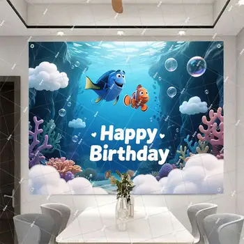 Přizpůsobené dekorace na narozeninovou oslavu Hledá se Nemo pro miminko s motivem podvodního světa, fotografické pozadí pro miminko, studiové rekvizity 10 nejlepší prodej Narozeninové dekorace Nemo - №8