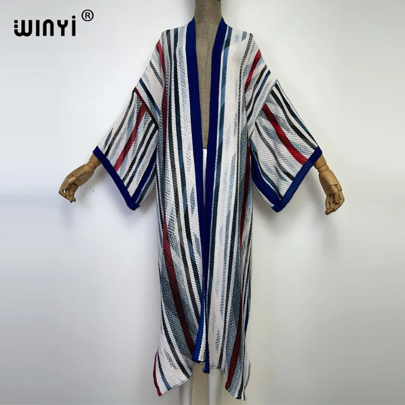 

WINYI autumn stripe printing cotton Pleated dress Beach Wear elegant Africa women Cardigan Hot Bohemian holiday party Kimono