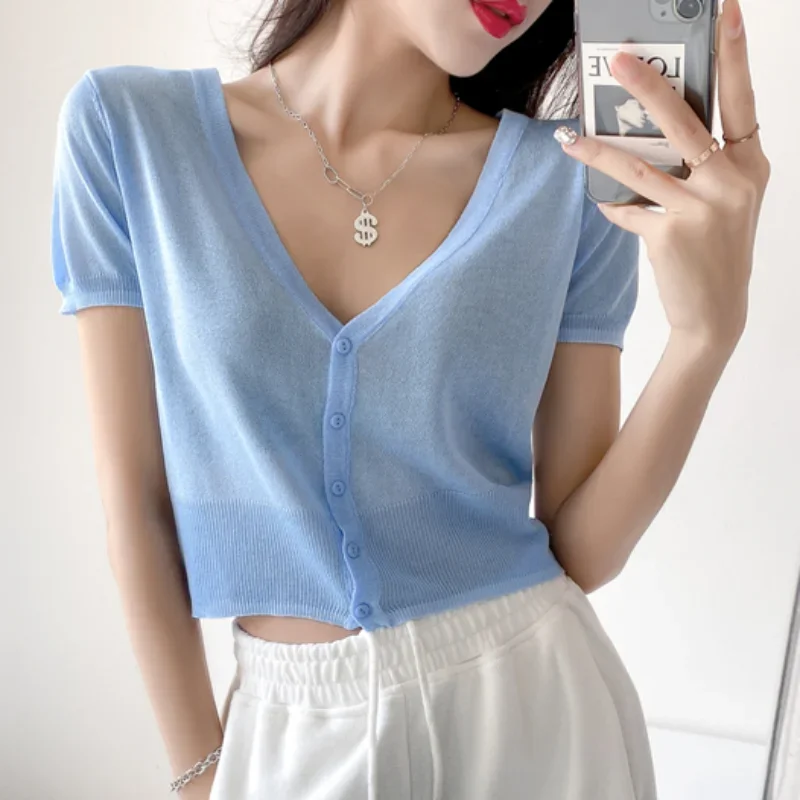 4 Colors Women Knitted Cardigan Coat Summer V neck Short Sleeve Solid Casual Thin Short Cardigan Female Tops Black White Blue