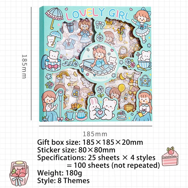 100 Pcs/Box Stickers for Kids Girls Set Kawaii Cartoon Decoration DIY Scrapbooking Waterproof Stationary Gift School Supplies
