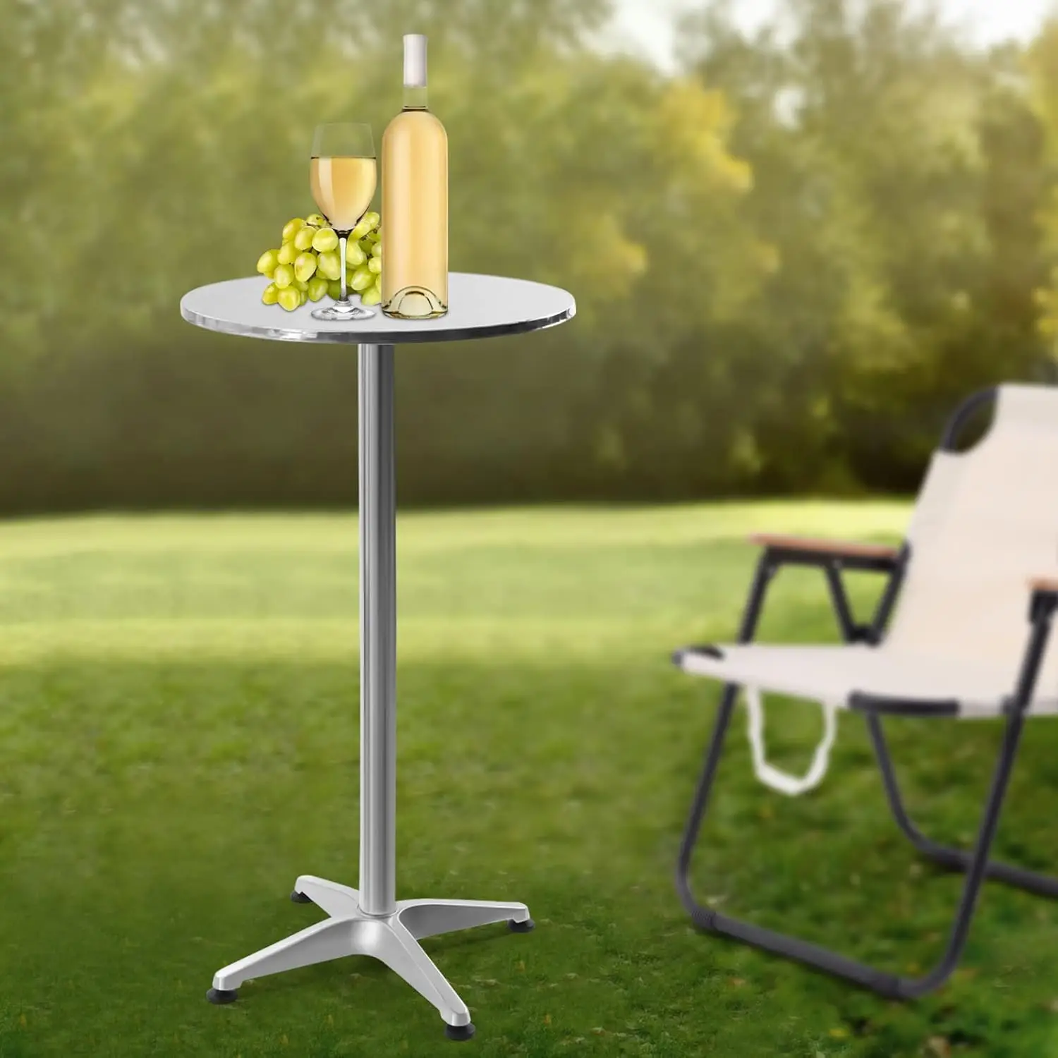 Round Pub Table With Stainless Steel Tabletop, Round Indoor-Outdoor Table With Base For Dining Bistro Cafe Home Bar, 23.6-Inch