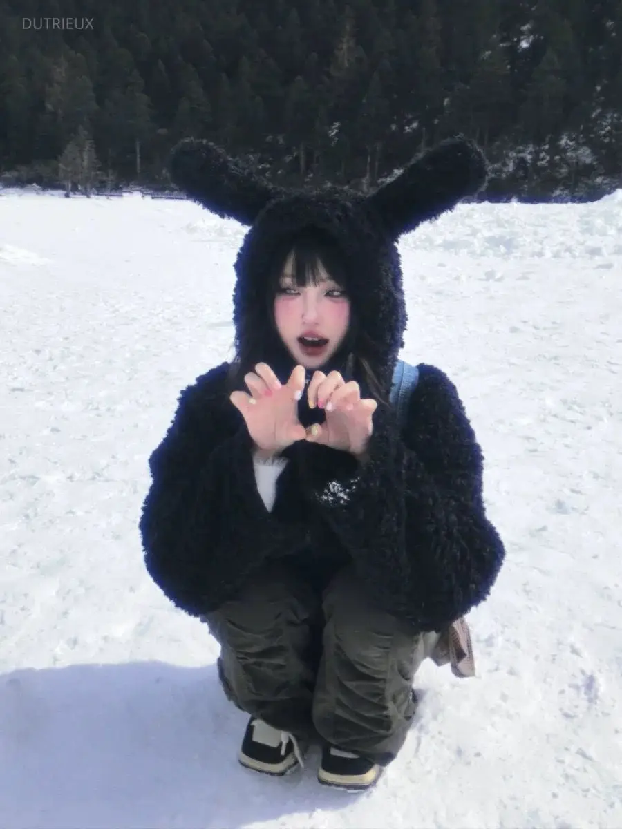 New American Pure Desire Sweet Coat Women Rabbit Ear Hoody Fluffy Jackets Japanese Preppy Style Warm Lovely Solid Mujer