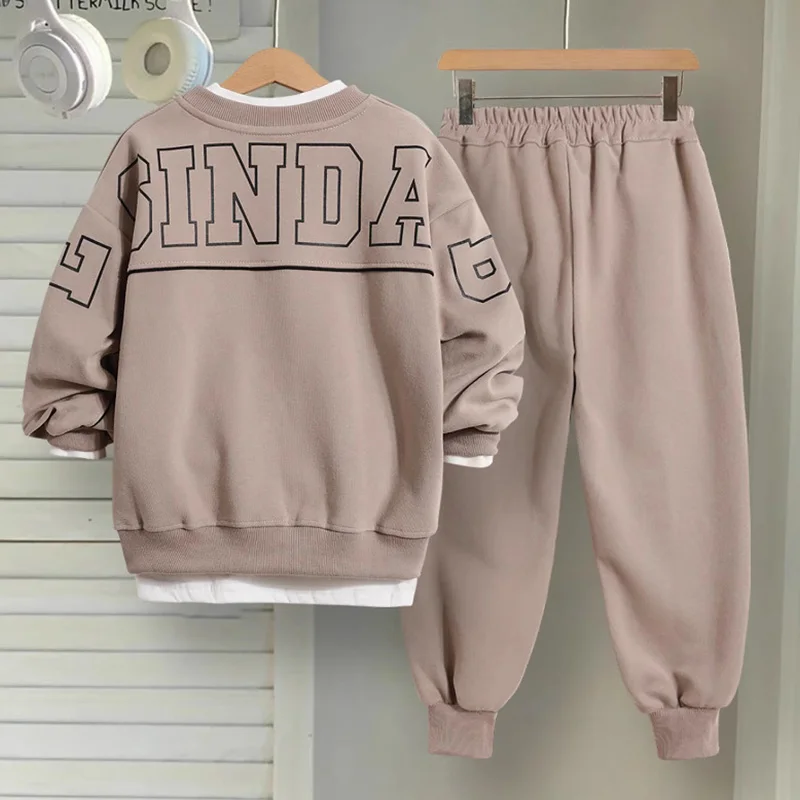 2026 New Style Spring Autumn Fashion Letter Print Tracksuit for Teen Boys - 2 Piece Comfortable Sweatshirt & Pant Set 6-16 Years