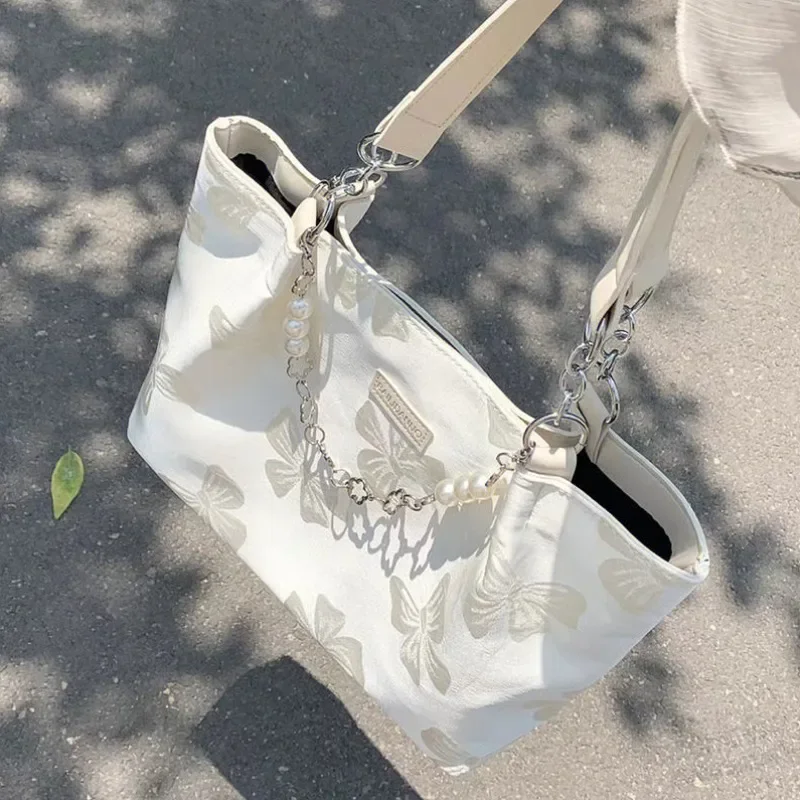 Xiuya White Shoulder Bag for Women Bow Elegant Large Capacity Tote Bag Aesthetic Simple Casual Exquisite Fashion Ladies Handbag