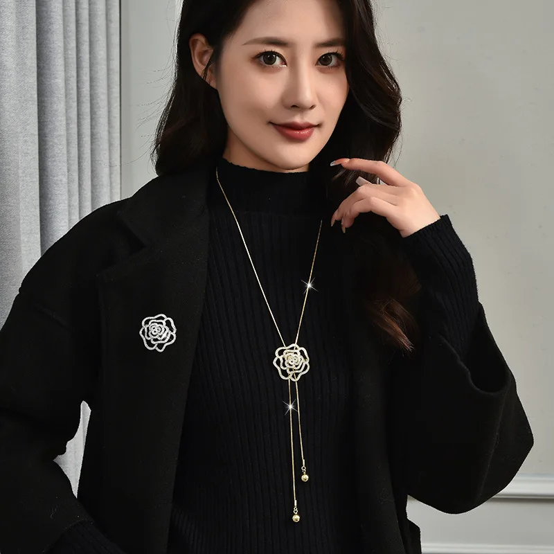 Классическая и модная цепочка для свитера на осень и зиму, длинное ожерелье из двух частей, свитер-корсаж с розой