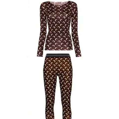 Sweet Two Piece Set Women American Retro Layered Outfit Long Sleeve Moon Print Top Ice Silk Pants Sexy Casual Autumn Fashion