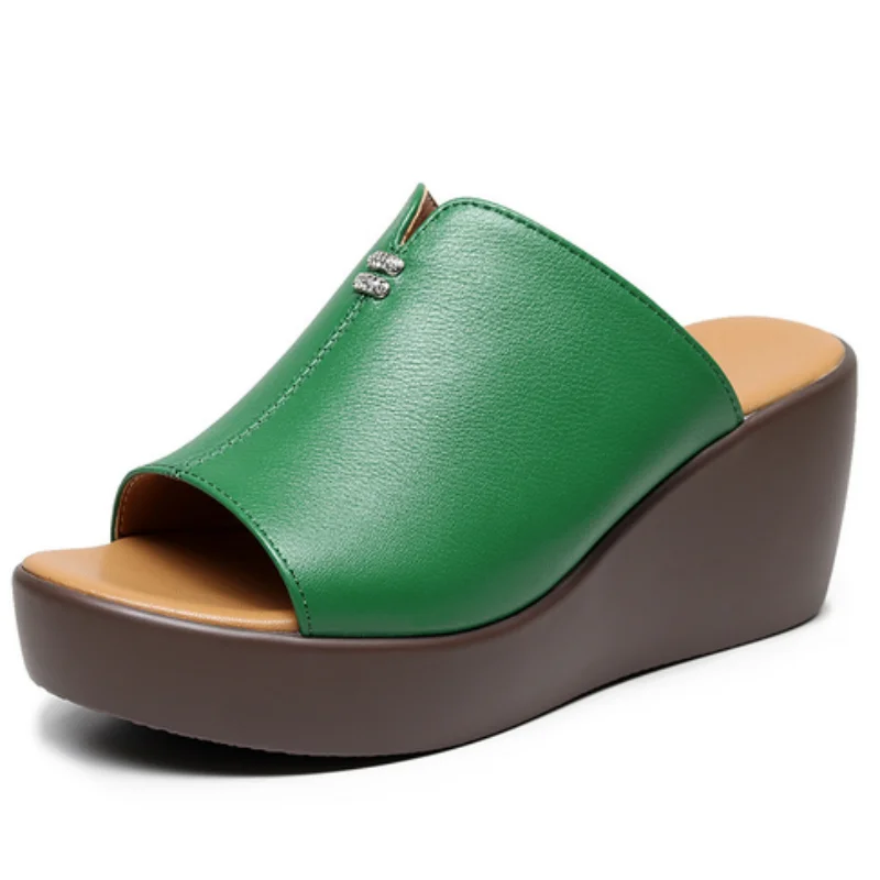 ZXRYXGS 2026 Soft Cowhide Fashion Outerwear Fish Mouth Slippers Summer Thick Sole Wedges Slippers Women's Real Leather Slippers
