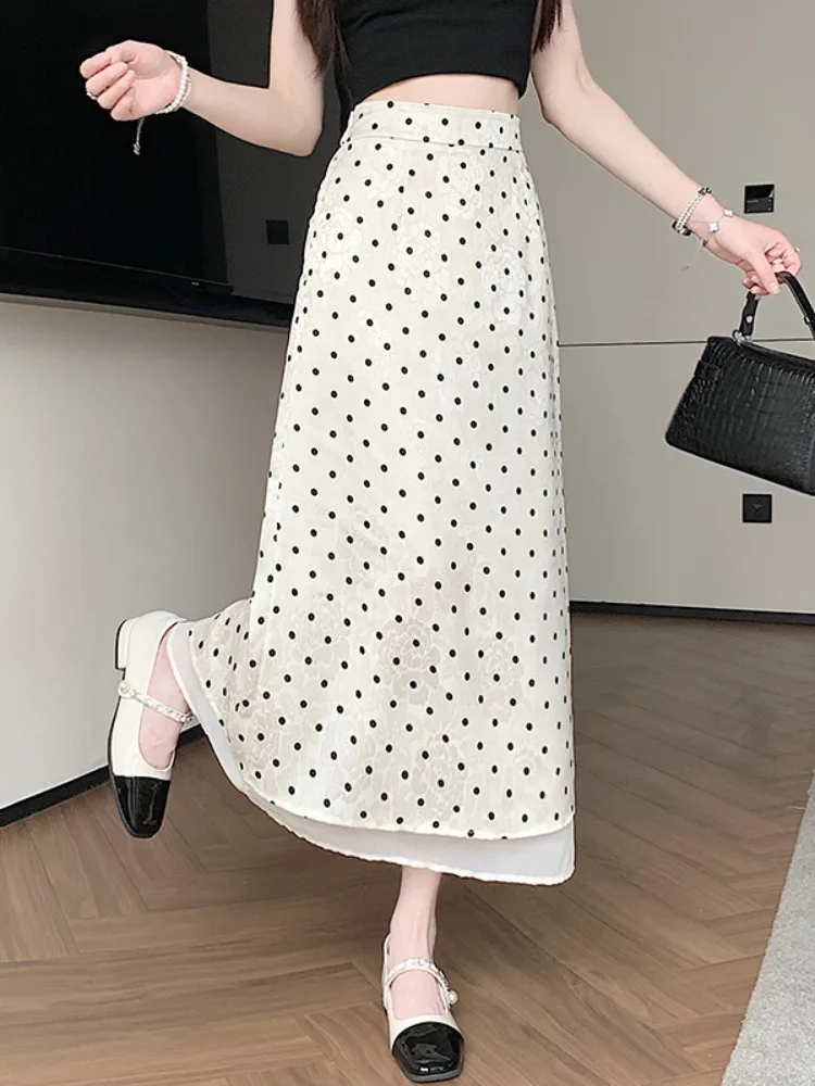Retro Polka Dot High Waist A-Line Skirt Women's Commute Style Breathable Skin-Friendly Printed Polyester Fiber Long Skirt